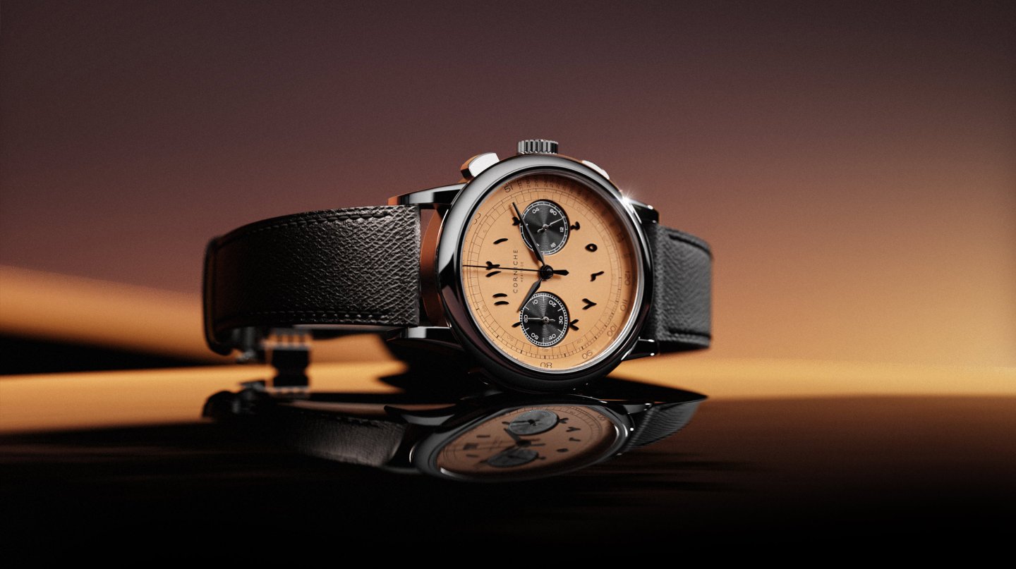 コーニッシュ「Mirage Chronograph(ミラージュ クロノグラフ)」~アラビア語数字が際立つサーモンダイヤルの登場