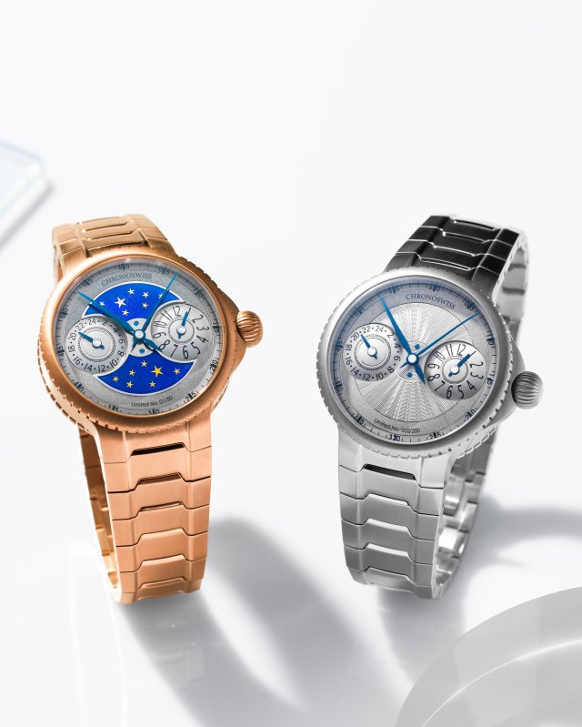 クロノスイスより同様に水平にGMT機能を配した現代的なモデル「パルス GMT エナメル スカイ ゴールド」と「パルス GMT シルバー ギョーシェ」を発表